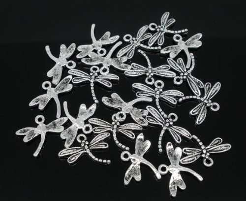 50PC Antiqued Silver Dragonfly Charm Pendants 15x17mm