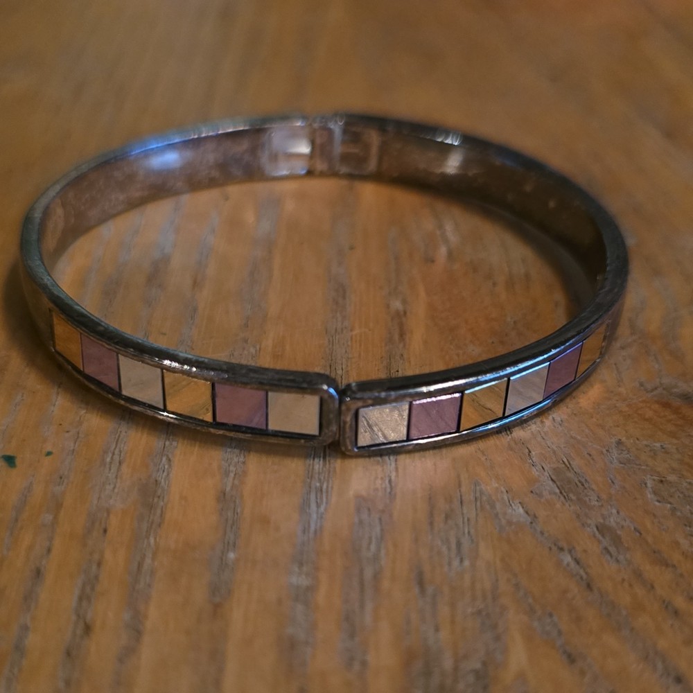 Silver Tone Hinged Bangle Bracelet Multicolor Square Inlay Tiles No Stone