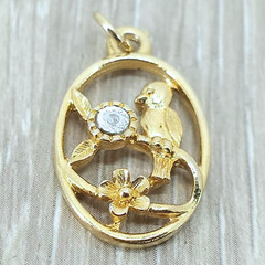 Vtg Bird on Branch Necklace Pendant Yellow Dainty Figural Jewelry