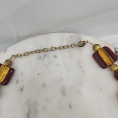 Gold Tone Glass Bead Statement Necklace Red Brown Foil Chunky Women Lobster 18″