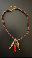 Cord Necklace w/ Fish & Leaf Charm Pendants, Brown/Gold/Red Metal, Lobster Clasp