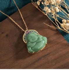 Jade Pendant Necklace Buddha Charm W/ 18K Gold Plated Chain Ethnic Gemstone Gift