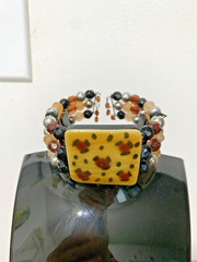 Multi Strand Beaded Stretch Bracelet Unique Yellow Leopard Print& Glass Beads.8”
