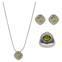 Green Peridot Silver Tone Rhodium Plated Pendant, Earring & Ring Set (Size 6)