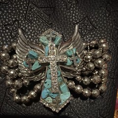 Multi-Strand Silver Tone Beaded Bracelet Turquoise Dangle Winged Cross Charm