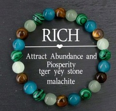 Multicolor Stone Beaded Stretch Bracelet Tiger’s Eye & Malachite Luck 8 1/4″