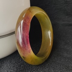 55mm 100% Natural Grade A Green Lavender Golden Silk Jade Wide Bangle Bracelet