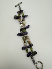 Silver Tone Bracelet Rough Amethyst Peridot & Abalone 6”