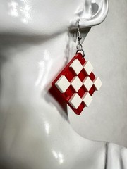 Red & White Checkerboard Square Plastic LEGO Dangle Drop Earrings Hook Closure