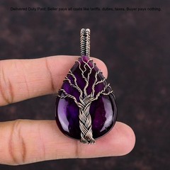 Pear Pink Fire Labradorite Gemstone Tree Of Life And Wire Wrapped Pendant Copper