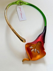 BETSEY JOHNSON gold plated Orange Green calla lily necklace Choker new