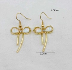 Gold Tone Bow Dangle Drop Earrings Hook White Inlay Oval Rhinestones 4.5cm