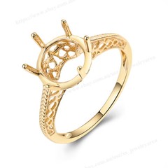 Six Prong Semi Mount Ring Brilliant Solid 14k Yellow Gold Round Cut 8.5mm to 9mm