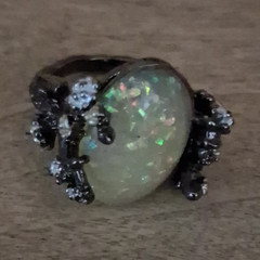 Cocktail Ring Size 7 Oval White/Multicolor Opal w/ Crystal Accents Silver