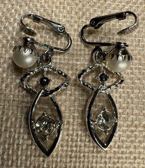 Vintage Silver Tone Signed Dangle Leverback Earrings Faux Pearl & Clear Crystal