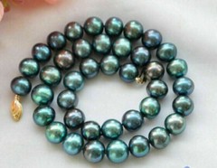 Natural 9-10mm Tahitian Peacock Black Freshwater Cultured Pearl Necklace 18”14K