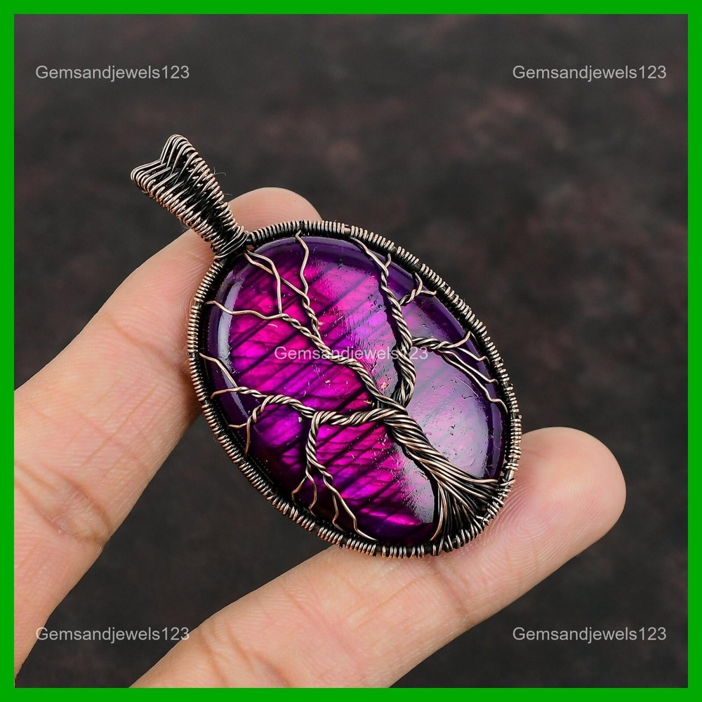 Oval Pink Fire Labradorite Gemstone Copper Tree Of Life And Wire Wrapped Pendant