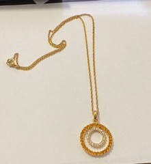 Amber Gold & Clear Crystals Double Circle Pendant On 18” Chain Necklace