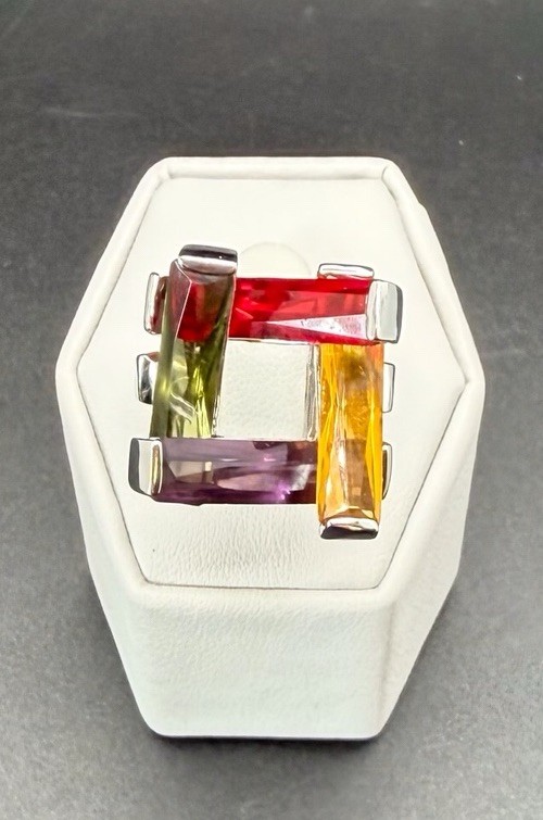 18K White Gold Plated Multicolor Crystal Baguette Abstract Ring Size 6.5
