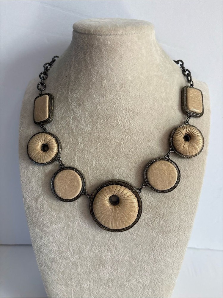Reversible Statement Necklace Beige Blue Faux Leather Gold Tone Necklace