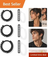 Elegant 3 Pairs Small Black Hoop Earrings with Cubic Zirconia – 8mm, 10mm, 12mm
