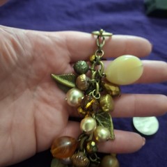 Handcrafted Gold Brown Beaded Charm Bracelet Leaf Dangle Glass Nature Theme
