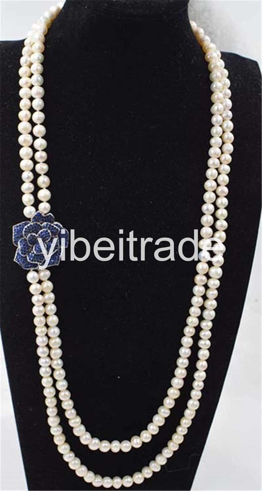 2rows freshwater pearl necklace white near round 8-9mm blue flower pendant 30″