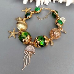 Green Murano Glass White Pearl Gold Plated Charm Beaded Bracelet Handmade