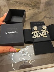 AUTH CHANEL Dark Silver Crystal Pearl Double CC Dangle Earrings