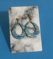 Handmade Blue Teardrop Dangle Drop Earrings Gold Flakes