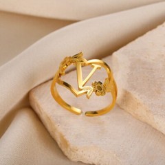 Initial Letter Gold Ring Adjustable Leaf Flower Ring Women’s Fashion Jewelry 82