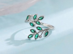Green Crystal Leaf Ring 925 Sterling Silver Adjustable Elegant Fashion Jewelry