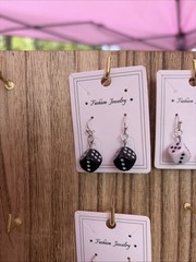 Dice Earring Black And White With Silver Metal Accents Hook