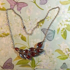 Silver Tone Red Crystal Teardrop Leaf Charm Pendant Cable Chain Necklace