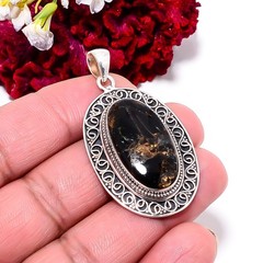 Copper Black Obsidian Designer Handmade 925 Sterling Silver Pendant 1.95″ P99540