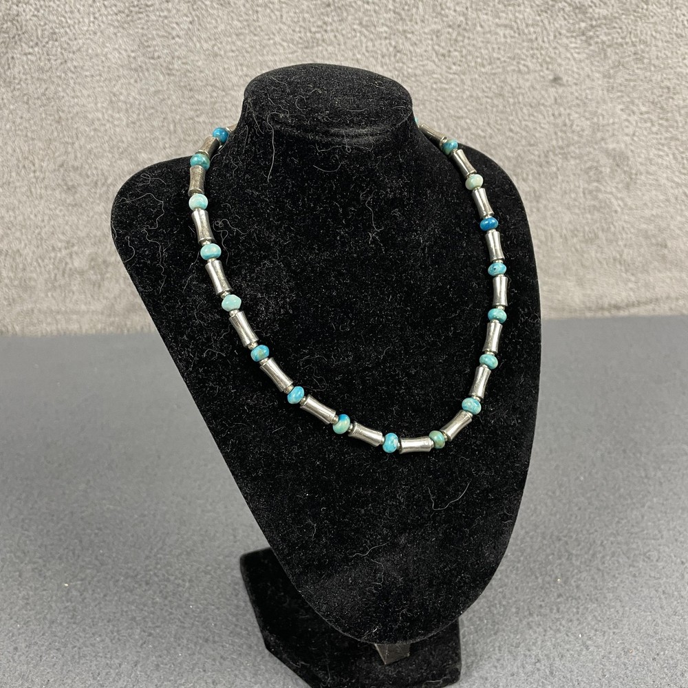 Necklace Blue Turquoise Stone Beaded Silver Tone Tube 17 In Womens Jewelry