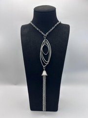Silver Tone Oval Pendant Tassel Fringe Statement Necklace Lobster Clasp 22 In