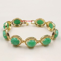 Elegant Heated Green Jade 13MM Oval Bead Gold Plated Alloy Link Bracelet 7.48″L