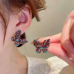 Vintage Butterfly Stud Earrings Red Cubic Zirconia Push Back Fashion Jewelry