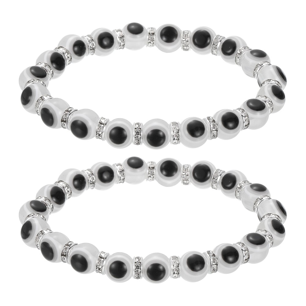 8mm Turkish Evil Eye Bracelets, 2 Pcs Good Luck Stretch Bracelets (White)