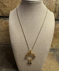 Grandma Pendant Necklace Gold Tone 2 kid charms Blue & Red Stones Dangles 18in