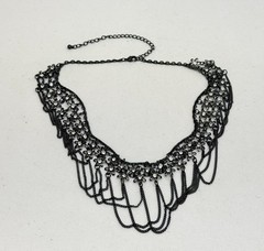Stunning Statement Choker Necklace Goth Black Chains Clear Rhinestones 16-20 in