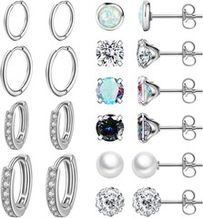 10 Pairs Stainless Steel CZ Stud Earrings 20G Cartilage 8mm 10mm Hoop Set Unisex