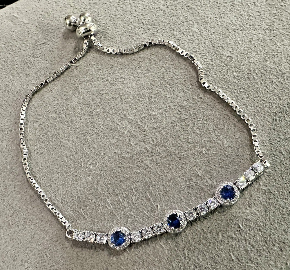 Sterling Silver Blue/White CZ Slide Chain Adjustable Bracelet N