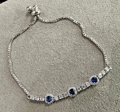 Sterling Silver Blue/White CZ Slide Chain Adjustable Bracelet N