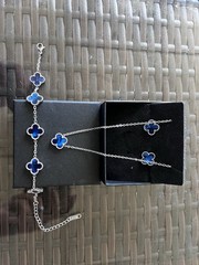 18k Silver-Plated Stainless Steel Blue Four-Leaf Clover Jewelry Set