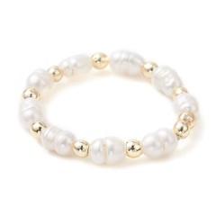Beaded Ring Pearl Gold Adjustable Stretch Rice Round Crystal 3.5mm Wide R198