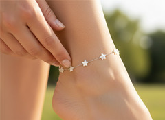 Silver Tone Star Anklet Minimalist Mother of Pearl Star Charm Designer Anklet