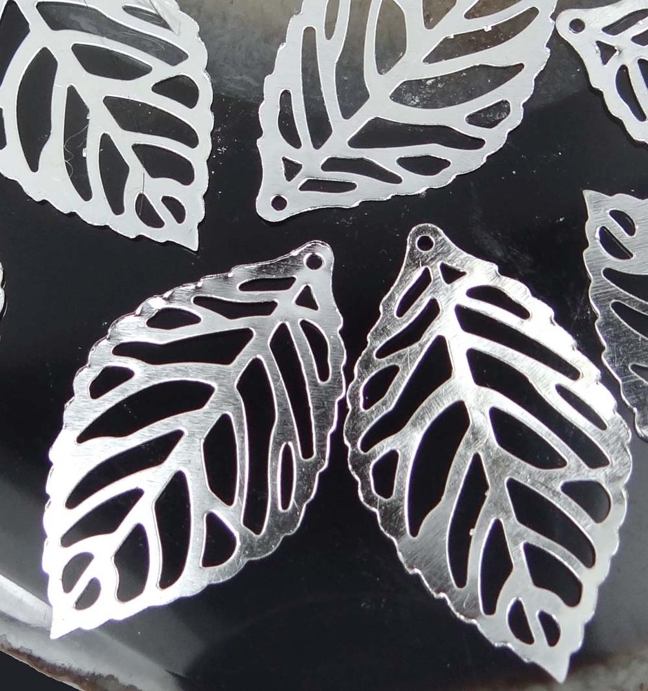 20 Silver Plated Filigree Leaf Stamp Focal Pendant 35x20mm
