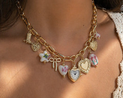 Pink Ceramic Charm Necklace Gold, Heart Watch Pendant Fish Star Bow Charms